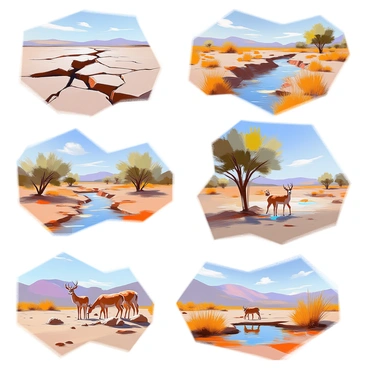 A series of images depicting the impact of drought on various ecosystems. The first image showcases a parched landscape where cracked earth is visible, and withered grass is scattered throughout. In the next image, a riverbed runs dry, revealing exposed rocks and dust where water once flowed, with sparse vegetation lining the banks. The third image highlights a once-lush forest, now with trees showing signs of stress, their leaves turning brown and dropping. Another image presents a desert region, where the lack of water has led to stunted plant growth, and the soil appears completely barren. Finally, an image illustrates the struggles of wildlife, showing a herd of deer in search of water near a dried-up watering hole surrounded by wilting shrubs.