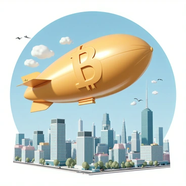 A large, colorful blimp is floating above a sprawling modern cityscape. The blimp is shaped like a giant golden bitcoin symbol, with shiny metallic surfaces reflecting sunlight. Below the blimp, the city is filled with tall skyscrapers, some made of glass and steel, showcasing a vibrant urban environment. There are small clouds scattered in the blue sky, and a few birds flying nearby. The streets below are bustling with cars and pedestrians, adding a sense of life to the scene.