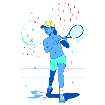 A blue tennis player is focused on hitting a tennis ball with a racket amidst a light rain. The player is wearing a bright yellow cap and matching sports attire. Raindrops in various colors, including red, teal, and pink, are falling around them, creating a vibrant atmosphere. The ground is slightly wet, reflecting the colorful raindrops as they bounce off the surface. The player’s expression shows determination as they practice their swings.