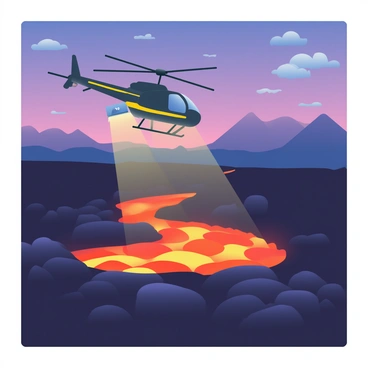 A helicopter with a dark gray body and yellow accents is hovering in the air, its rotors spinning rapidly. Below, a winding lava flow glows intensely with bright orange and red hues, contrasting against the dark landscape. The sky is painted in deep purples and blues of dusk, with a few scattered clouds catching the warm glow of the lava. The helicopter's searchlight is directed towards the lava, illuminating the surrounding rocky terrain. In the distance, silhouettes of mountains can be seen framed against the fading light.
