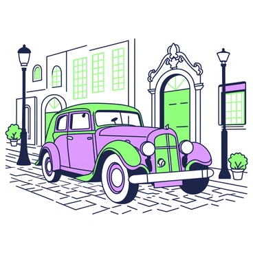 A shiny classic 1930s car is parked on a cobblestone street. The car has smooth curves and gleaming chrome details, reflecting the surrounding environment. The street is bordered by several period buildings, featuring ornate designs and large windows. Some of the buildings have decorative facades with intricate carvings. A lamp post stands nearby, casting light onto the cobblestones. Potted plants can be seen near the entrance of one of the buildings, adding to the historic charm of the scene.