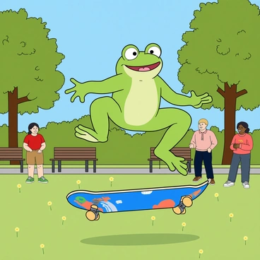 A green frog with big, round eyes and a wide smile is riding on a skateboard. The skateboard is bright blue with colorful graphics on the underside. The frog is mid-air, performing a trick called a kickflip, with both its tiny legs extended outward. In the background, there are tall trees with lush green leaves and a few park benches. People in the park are watching the frog, showing expressions of excitement. A clear blue sky complements the lively atmosphere of the park, and there are scattered dandelions on the grass below.