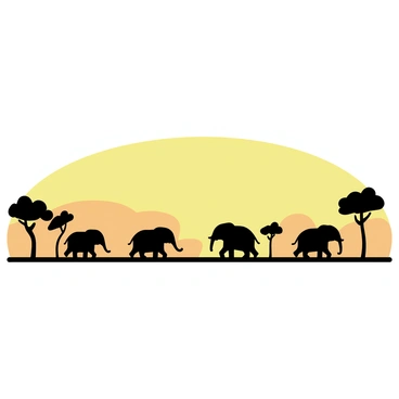 A golden savannah landscape at sunrise, with soft hues of orange and yellow filling the sky. Silhouetted against the vibrant background are several elephants walking gracefully across the terrain. Scattered in the scenery are acacia trees, their distinctive shapes adding depth to the composition. The elephants appear calm and majestic as they move, creating a tranquil atmosphere in the early morning light.