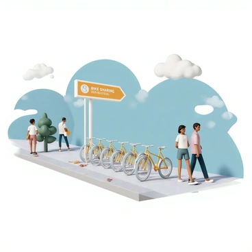 A bike-sharing station with a row of empty bike racks, each designed to hold a single bicycle. The station is located on a bustling city sidewalk, with a few small trees nearby casting shadows on the racks. Brightly colored signage indicating bike-sharing services is prominently displayed above the racks. The ground is clean and well-maintained, with a few fallen leaves scattered around. In the background, pedestrians walk by, some glancing at the empty racks, while a blue sky and a few white clouds complete the scene.