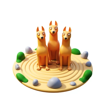 A three-headed Cerberus sitting calmly in a Zen garden. Each head has a distinct expression, with one looking curious, another appearing relaxed, and the third slightly alert. The garden features meticulously raked sand patterns surrounding the creature, with smooth, flowing lines creating a sense of order. Small stones and carefully placed boulders add structure to the scene, while patches of green moss accentuate the tranquility of the environment. Soft sunlight casts gentle shadows, enhancing the peaceful atmosphere.