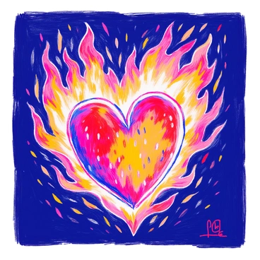 A heart is depicted at the center of the image, vividly colored and detailed. The heart is surrounded by bright, flickering flames that rise and swirl around it. The flames exhibit shades of orange, red, and yellow, conveying intensity and movement. The background is dark to provide contrast, emphasizing the fiery heart. The overall composition focuses on the heart and flames, illustrating the powerful and consuming nature of hatred.