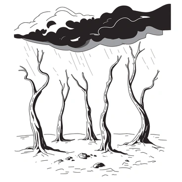 A row of withered trees in a barren landscape reaching for rain clouds