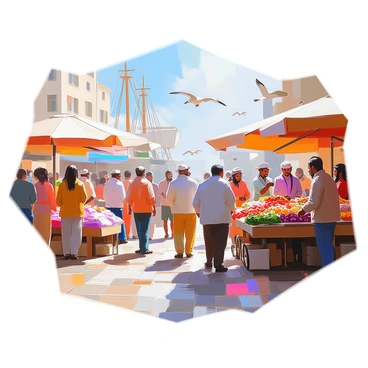 A bustling port city scene filled with diverse individuals engaged in lively interactions and exchanging goods. There are merchants displaying a variety of colorful textiles and fresh produce on wooden stalls. A group of people with different ethnic backgrounds are conversing animatedly, showcasing their diverse attire. In the background, ships are docked at the harbor, their sails billowing gently in the breeze. Seagulls are flying overhead, and the atmosphere is filled with the sounds of chatter and the clinking of coins as transactions take place. The cobblestone streets are alive with movement, with carts and pedestrians sharing the space.