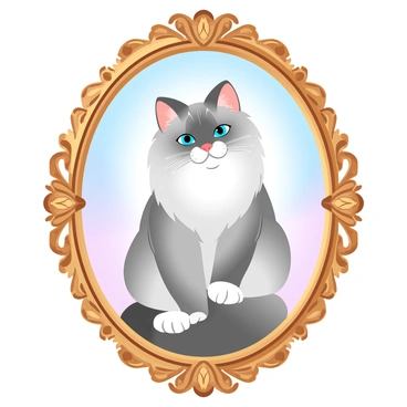A ragdoll cat is posed regally, with its long, fluffy fur elegantly draped around its body. The cat is sitting upright, showcasing its distinctive blue eyes and striking markings. The ornate vintage frame surrounding the cat is richly detailed, featuring intricate floral patterns and a gold finish. The background of the portrait is a gradient of soft pastel colors that complements the cat's fur, enhancing the overall atmosphere of the scene.