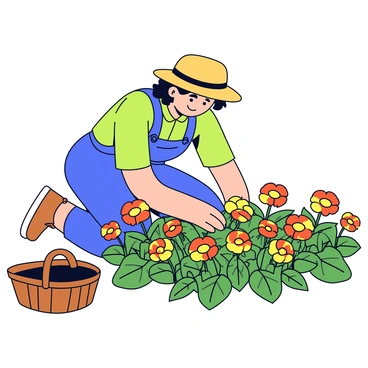 A gardener with a straw hat is bending over a patch of bright orange and yellow calendula flowers. The gardener is wearing a green shirt and denim overalls while carefully plucking the flowers. The patch is lush and filled with green leaves surrounding the vibrant blooms. A wicker basket is placed nearby, waiting to be filled with the freshly harvested flowers. The sun is shining gently, casting soft shadows on the colorful flowers.