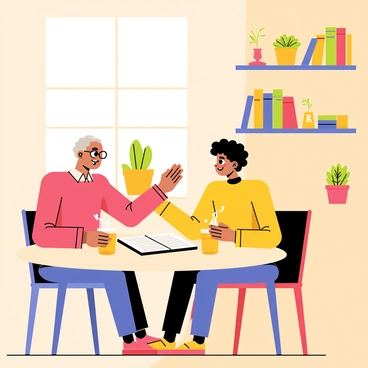 A cozy coffee shop with warm lighting and wooden furniture. A mentor, an older person with grey hair and glasses, is gently patting a mentee, a young adult with curly hair, on the back. The mentee is seated at a round table, looking appreciative and smiling. On the table, there are two steaming mugs of coffee and an open notebook filled with notes. The walls are adorned with shelves of books and potted plants, creating a welcoming atmosphere.