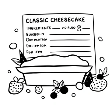 A recipe card with the title "Classic Cheesecake" prominently displayed at the top. The card features detailed ingredients and instructions written neatly on its surface. The card is positioned on a dessert table, surrounded by various fresh berries such as strawberries, blueberries, and raspberries. There are sprigs of mint leaves scattered around the card, enhancing the presentation. The table is decorated with a simple yet elegant tablecloth, creating a delightful setting for the cheesecake recipe.