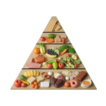 A nutritional food pyramid chart displaying food groups arranged in distinct tiers. The base tier features a large variety of grains, including loaves of bread, rice, and pasta, all illustrated with vibrant colors. The second tier showcases an assortment of vegetables, with colorful produce such as leafy greens, carrots, and bell peppers, artistically arranged. The third tier presents fruits, including apples, bananas, and grapes, displayed in an inviting manner. The fourth tier consists of protein sources, with images of lean meats, fish, eggs, and legumes. The top tier includes dairy products, featuring milk, cheese, and yogurt. The overall design is structured and visually appealing, making it easy to understand the food groups and their relationships in a healthy diet.