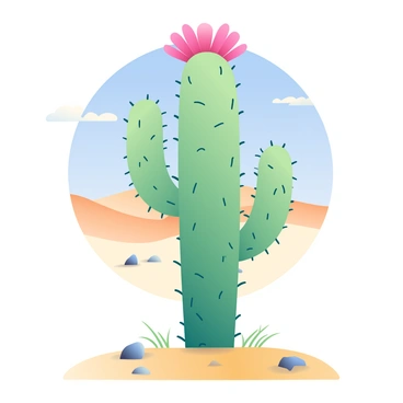 A tall green cactus with numerous spines stands prominently in a desert landscape. At the top of the cactus, a bright pink flower is fully blooming, displaying its petal arrangement vibrantly. The surrounding terrain consists of sandy soil with scattered small rocks and tufts of dry grass. In the background, distant sand dunes ripple softly under the clear blue sky, with the sun casting gentle shadows on the ground. Some faint wisps of clouds drift above, adding depth to the serene desert atmosphere.