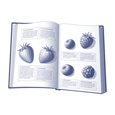 An illustrated encyclopedia page displaying a variety of berries, including strawberries, blueberries, raspberries, and blackberries. Each type of berry is distinctly illustrated with detailed textures and shapes, providing a clear view of their unique features. Accompanying the illustrations are fun facts presented in text boxes, with each fact neatly arranged next to the respective berry, formatted in a readable font. The layout is organized, ensuring the berries are easily identifiable and the information is accessible.