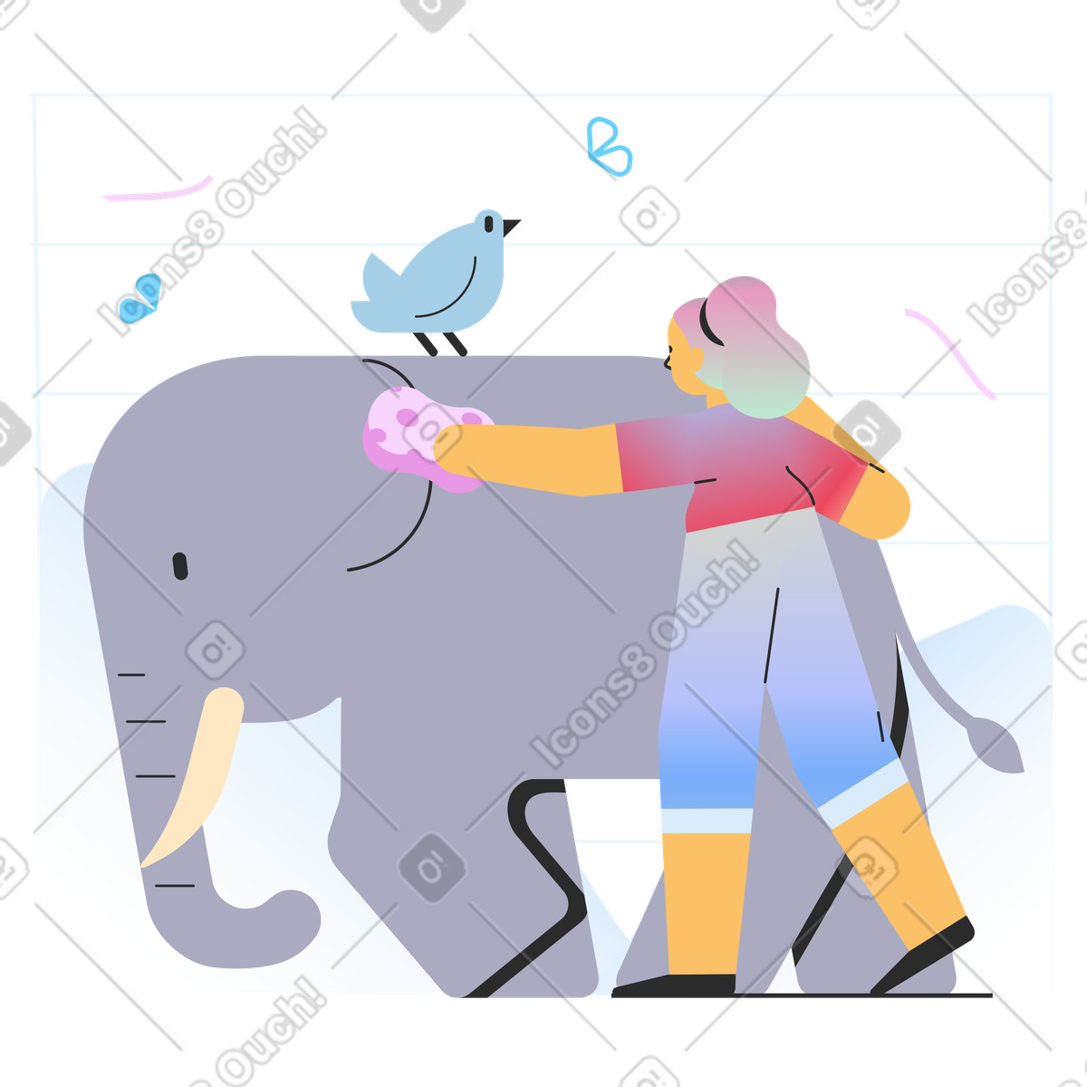 Girl washing elephant illustration in Marginalia style download in PNG, SVG