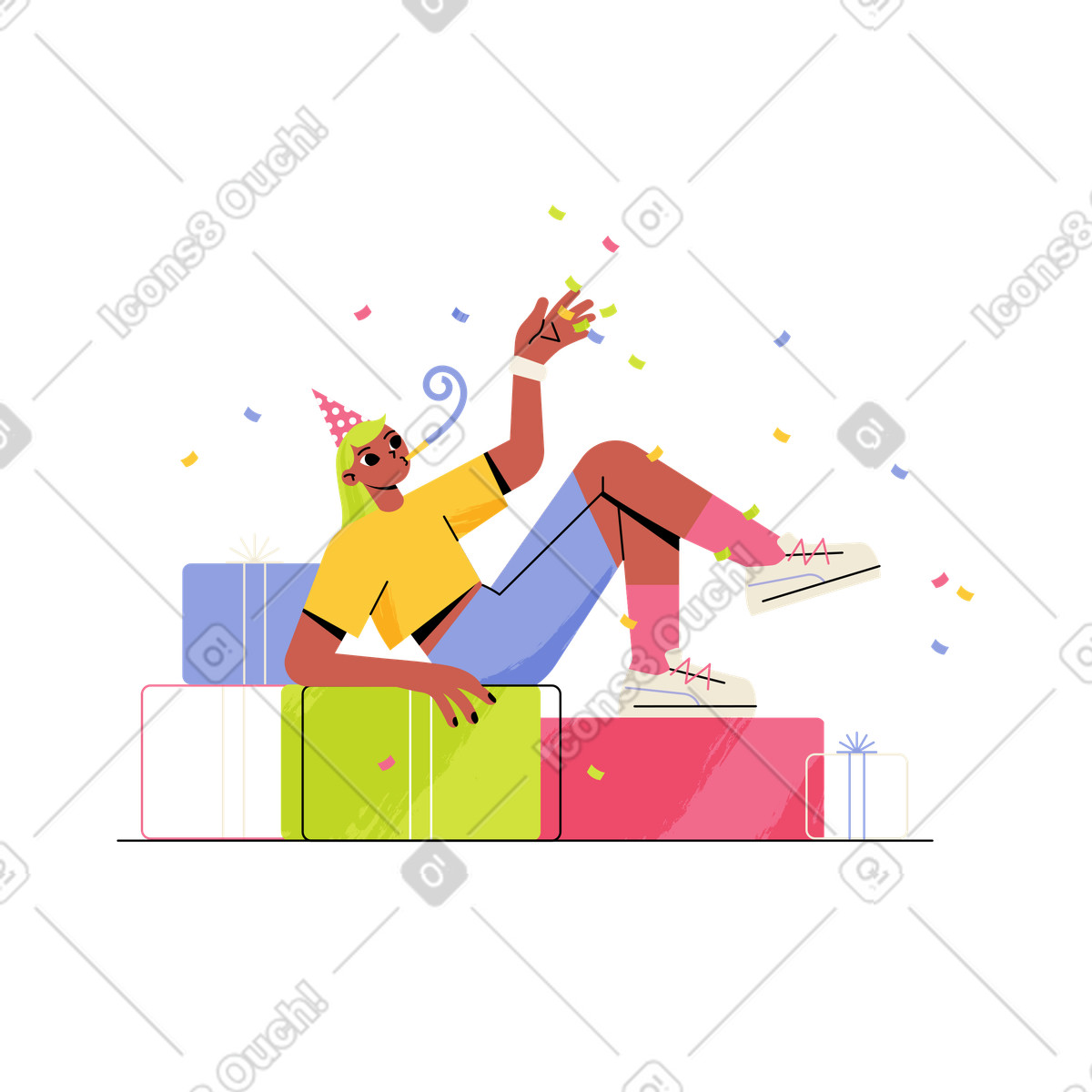 Иллюстрация Celebrating birthday while lying on stacked gifts, Gift giving or surprise party в стиле Juicy — скачать в форматах PNG, SVG