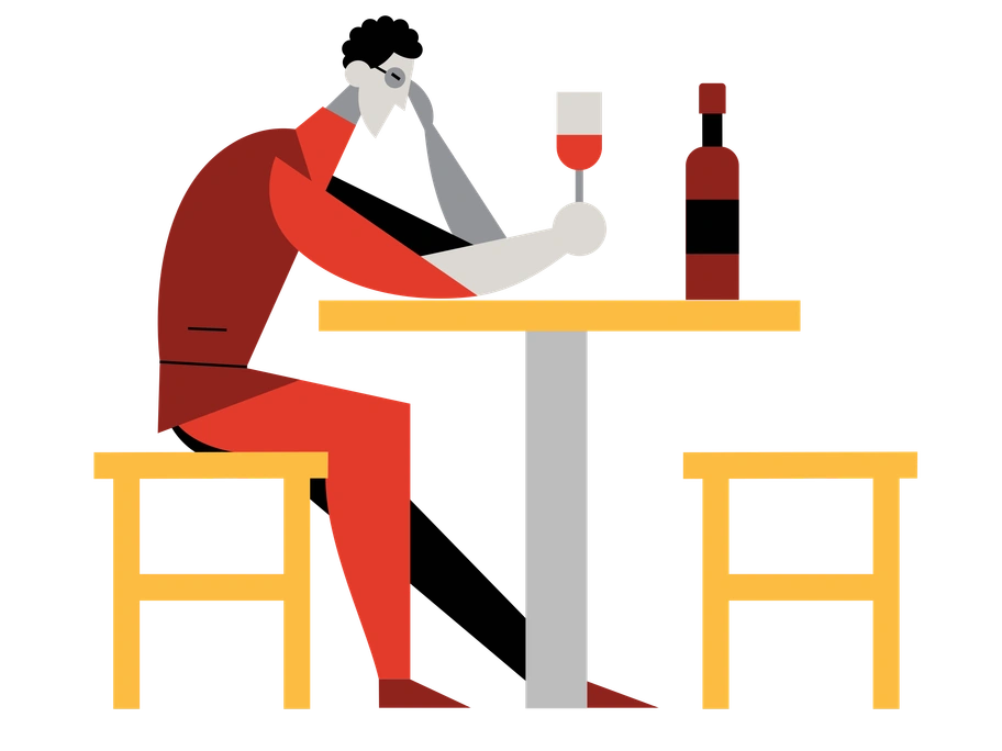 A solitary figure sitting at a round table - Burgundy style illustration