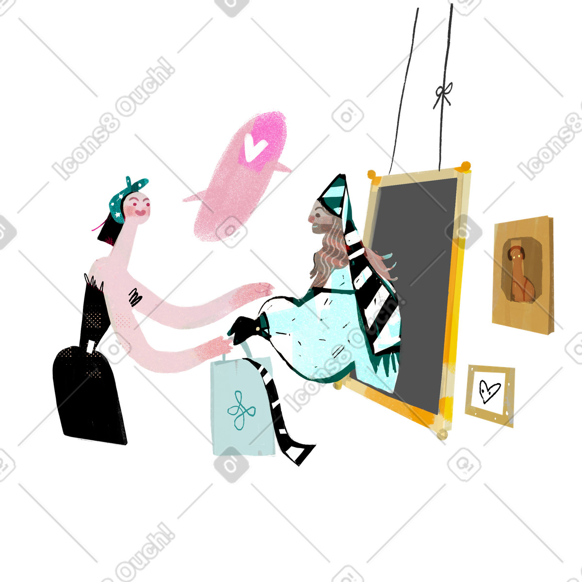 Woman giving goods to a portrait character as delivery illustration in Fabulous style download in PNG, SVG