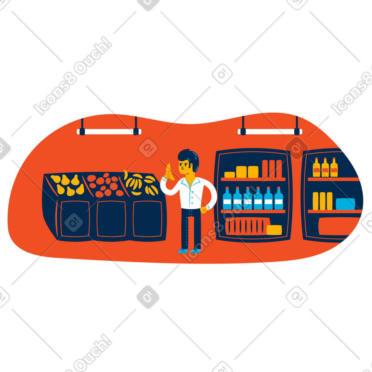 Man grocery shopping at a supermarket illustration in Flame style download in PNG, SVG