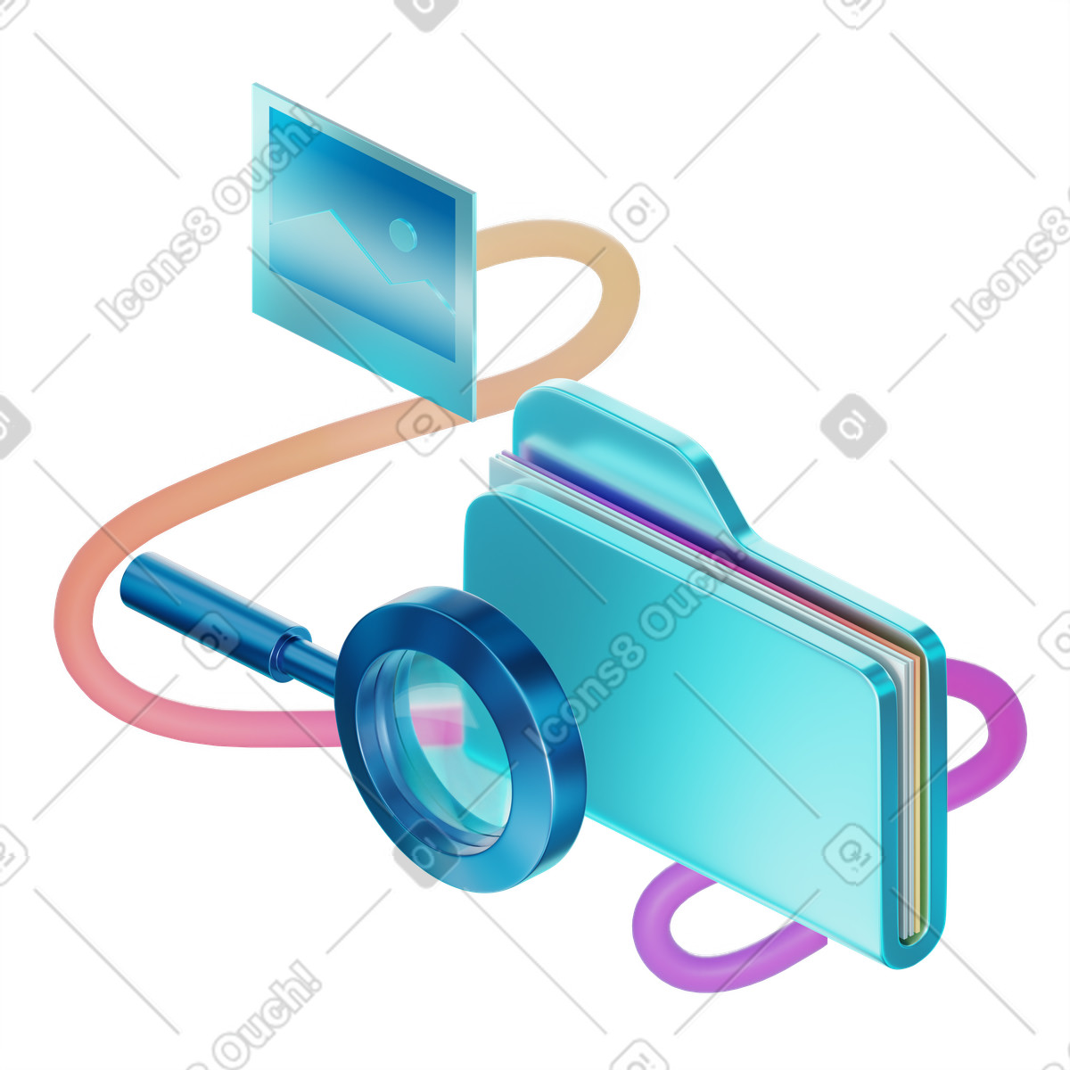 Searching for documents and files with magnifier animated illustration in 3D Glare style download in GIF, Lottie (JSON), AE