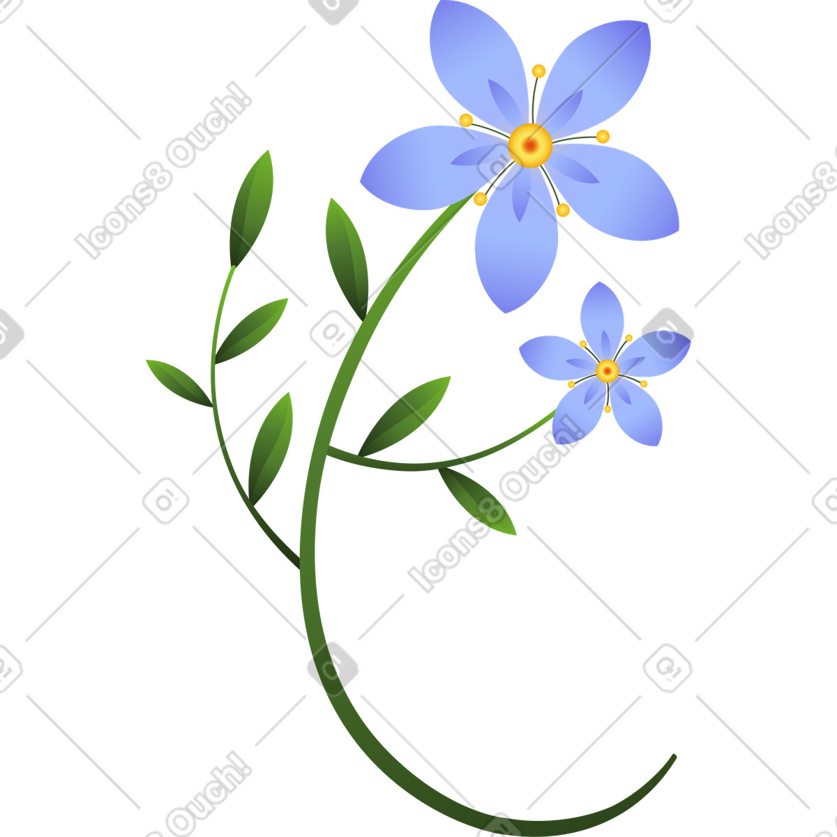 Large branch with two blue flowers illustration in Blossom style download in PNG, SVG