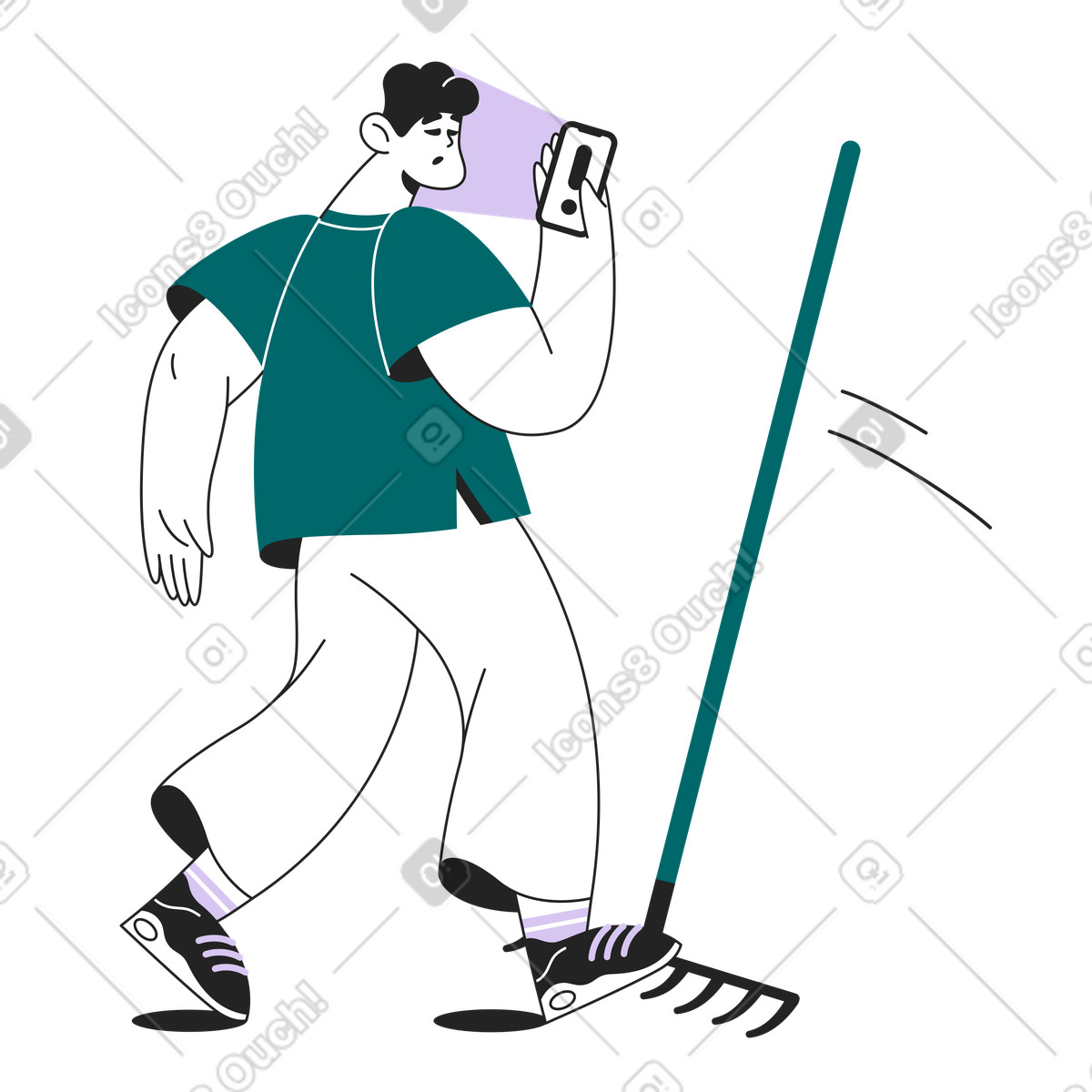 Illustration Stepping on rake because of error notification phone, Digital distraction and accident risk dans le style Sammy Line à télécharger aux formats PNG, SVG