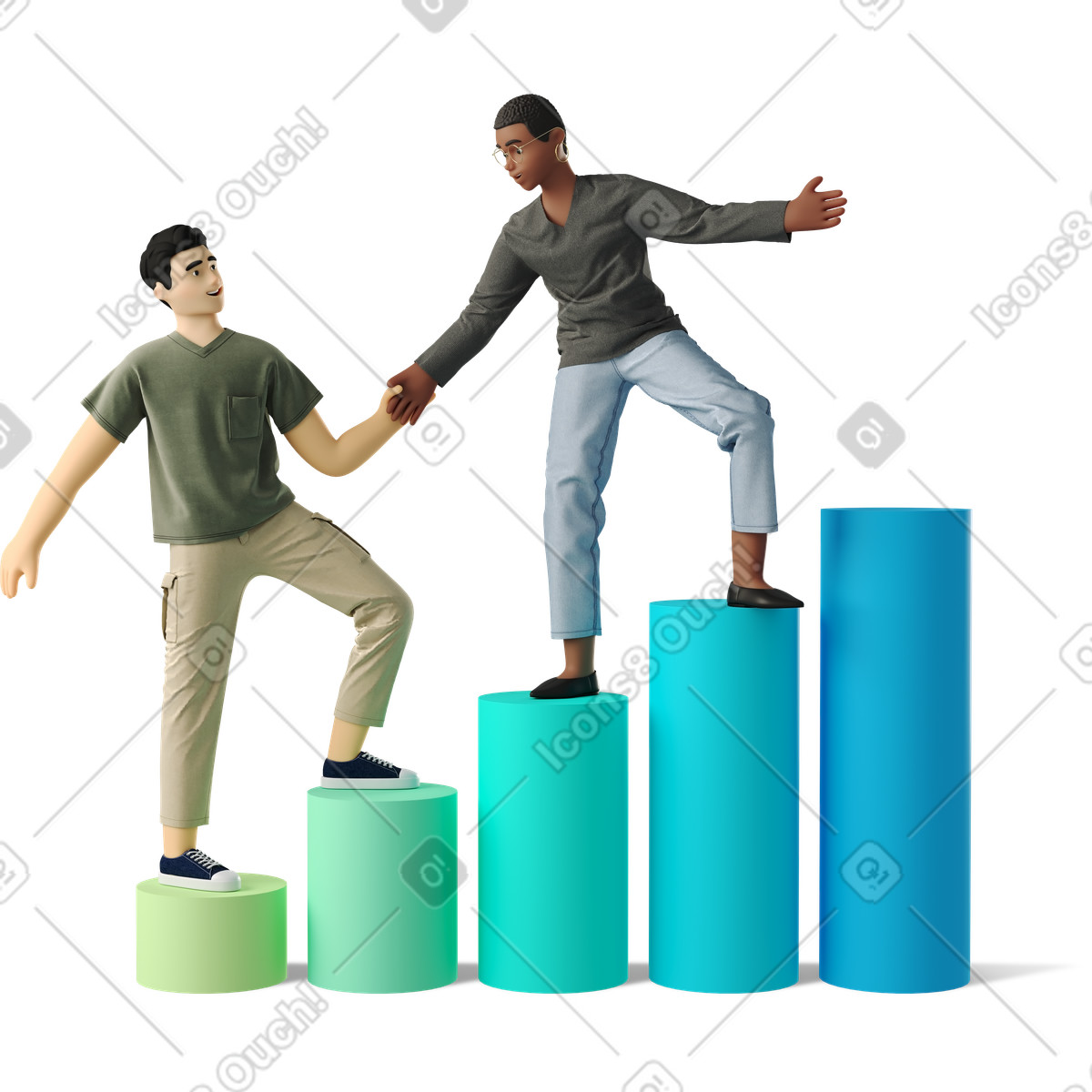 Teammates climbing bar chart, Leadership and mentorship success illustration in 3D Business style download in PNG, SVG