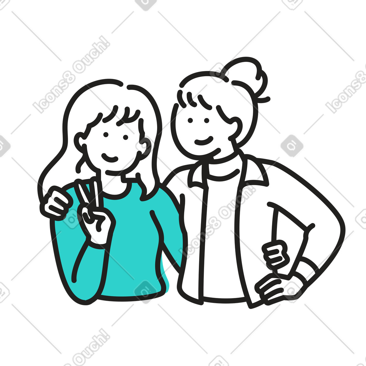Two happy women hugging illustration in Little style download in PNG, SVG