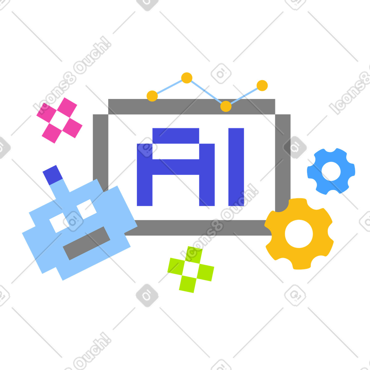Иллюстрация Надпись ai с шестернями и текстом головы робота в стиле 8bit — скачать в форматах PNG, SVG