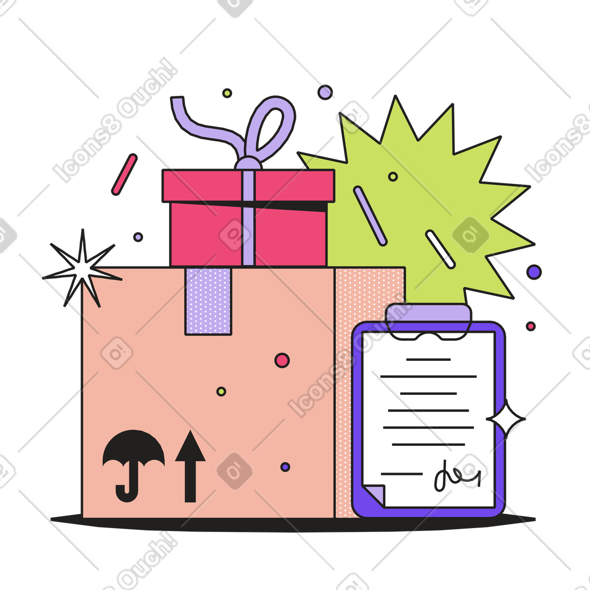 Bestellung zugestellt: pakete und klemmbrett mit unterschrift animierte Illustration im Dazzle-Stil als Download in GIF, Lottie (JSON), AE