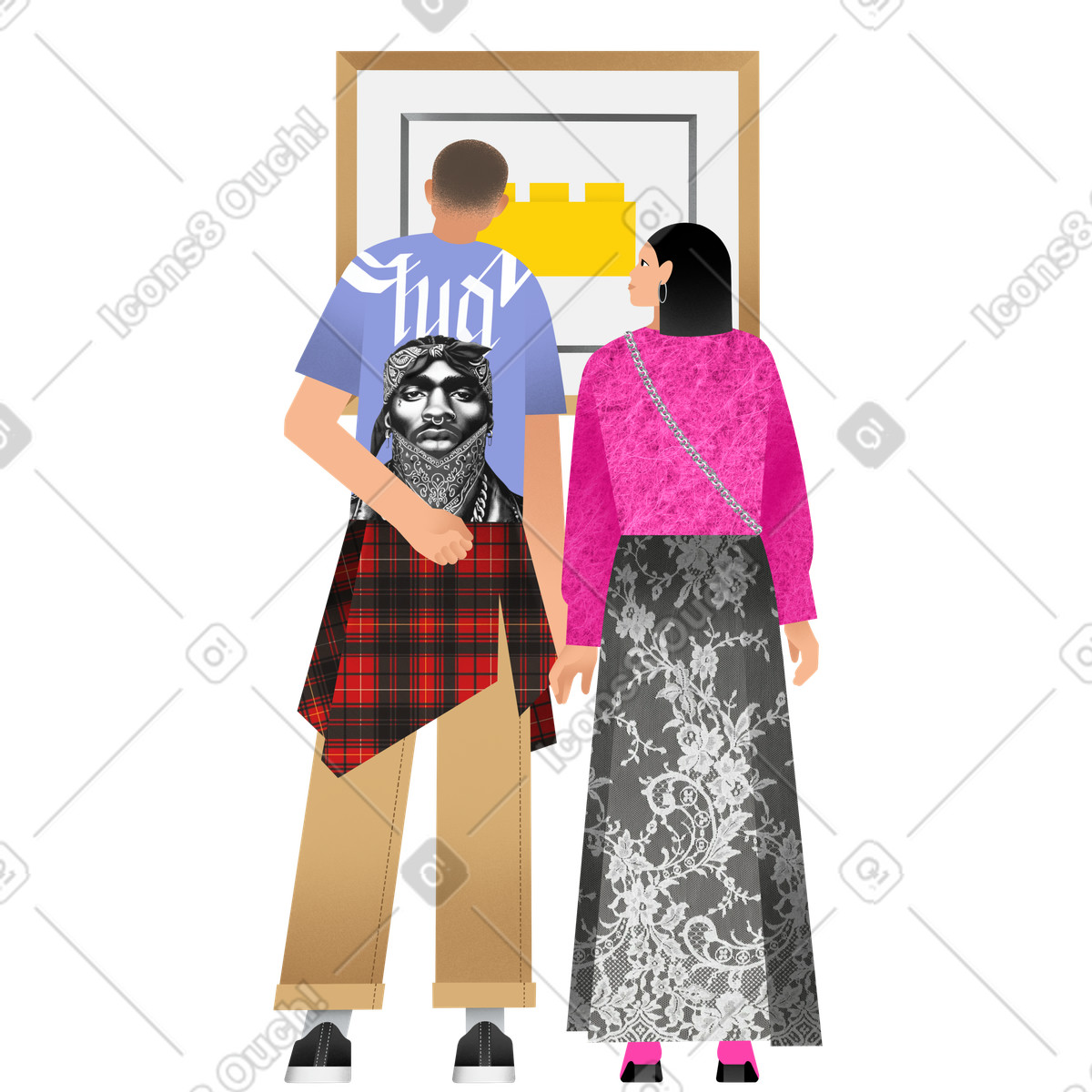 Ilustración Hombre y mujer jóvenes en el museo de arte moderno estilo Patchwork a descargar PNG SVG