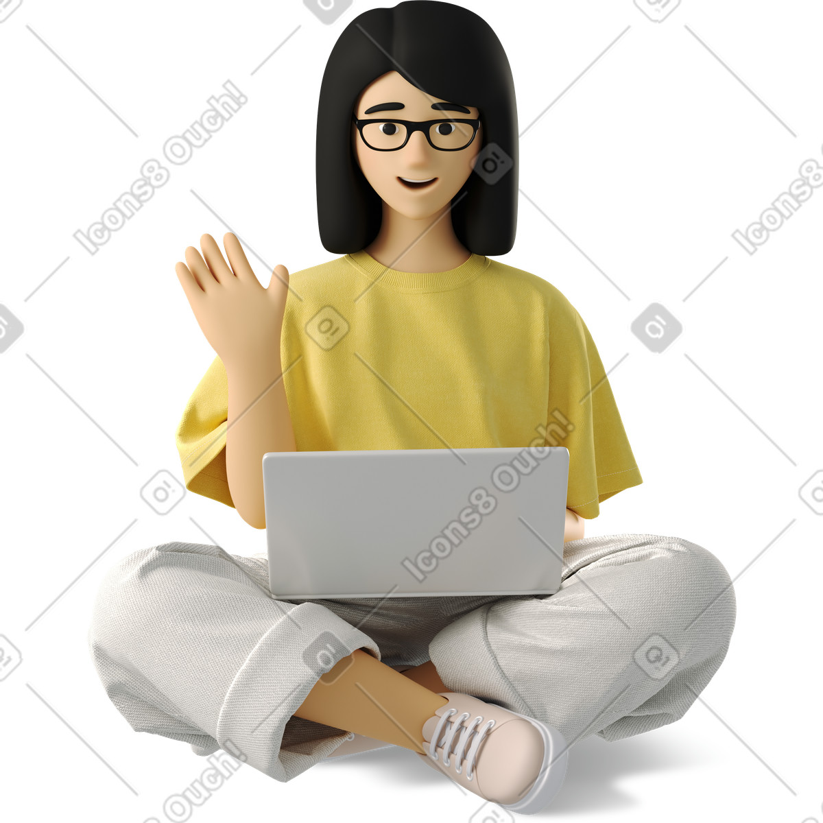 Ilustração de Young woman sitting with a laptop and waving her hand em no estilo 3D Business para baixar em PNG, SVG
