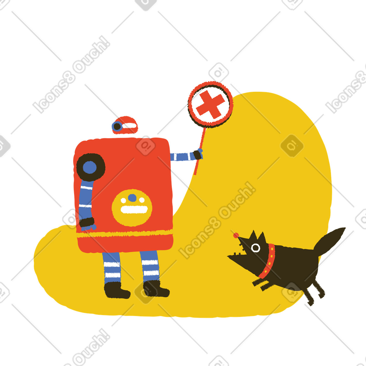 Robot che mostra il segnale di divieto a un cane abbaia illustrazione in stile Bermuda scarica in PNG, SVG
