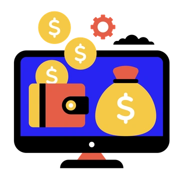 A computer screen displaying money and wallet icons - Flat style illustration