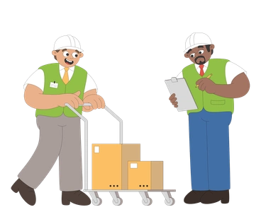 Two men with boxes on a cart - Sitcom style illustration