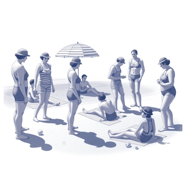 A group of men and women are standing on a sandy beach, dressed in striped swimsuits typical of the 1920s. The men wear fitted swim trunks with distinctive horizontal stripes, while the women don one-piece swimsuits adorned with vertical stripes. Some of the women have their hair styled in the flapper fashion, complete with headbands. The sun shines brightly, creating strong contrasts in the shadows cast on the sand. A few individuals are playfully splashing water, while others are lounging on beach towels or setting up an umbrella for shade. Small beach toys and a vintage beach ball are scattered around. In the background, gentle waves lap at the shore, adding movement to the scene.