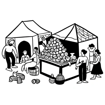 A bustling medieval bazaar scene filled with vendors and customers, showcasing various stalls. Tents made of fabric provide shade, with patterns representing different trades. People are actively engaged in trading, with some inspecting vibrant textiles piled high on a table. Others examine intricately crafted pottery displayed on another stall. The ground is littered with items, such as woven baskets and additional wares. A few animals, such as goats or donkeys, are tied near the stalls, adding to the lively atmosphere. The overall scene captures the vibrancy and commerce of a medieval marketplace.