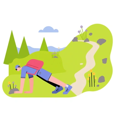 A hiker wearing a bright red backpack and a blue t-shirt is taking a break on a scenic nature trail. The hiker is positioned on a grassy patch, performing push-ups. In the background, there are tall green trees lining the trail and a clear blue sky overhead. Wildflowers in various colors, including yellow and purple, dot the landscape around the hiker. A rocky path winds through the scene, leading further into the lush greenery.
