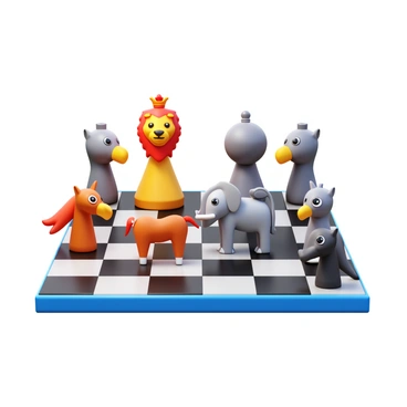 A set of chess pieces designed as various animals, each piece uniquely representing a different chess role. The king is depicted as a majestic lion, with a regal mane and a proud stance. The queen is represented by a powerful eagle, with outstretched wings and sharp eyes. The rooks are designed as sturdy elephants, displaying their strength and intelligence. The knights are portrayed as graceful horses, in dynamic poses ready to gallop. The bishops are depicted as wise owls, with deep-set eyes and a knowing expression. The pawns are represented as small, agile foxes, each one with a clever look. The pieces are arranged on a traditional chessboard, with alternating light and dark squares, showcasing their distinctive animal features.