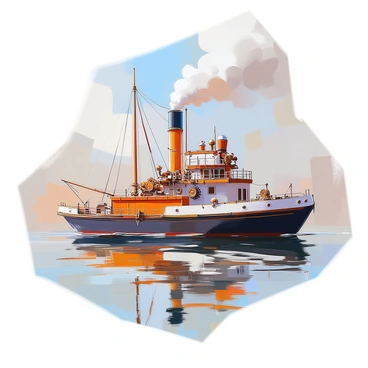 A steampunk-themed barge vessel is floating on a calm river. The vessel is adorned with intricate gears and mechanical components along its sides, showcasing an elaborate design. Two towering smokestacks rise from the deck, emitting soft plumes of smoke that blend into the sky. The barge features wooden accents and metal railings, giving it a rugged, industrial appearance. Various pipes and valves are visible, emphasizing its steampunk aesthetic. The water reflects the vessel, creating a captivating scene that highlights the unique architecture and craftsmanship of the barge.