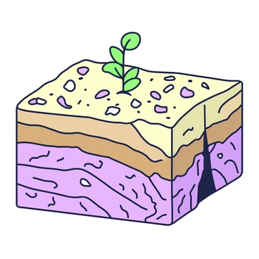 A detailed cross-section of land layers is displayed, showcasing a reverse fault with distinct stratification. The cross-section reveals multiple layers of soil and rock, each with varying textures. The upper layers consist of lighter soil, transitioning to darker, denser rock formations deeper in the section. The reverse fault is prominently visible, indicated by a shift in the alignment of these layers, with the upper section pushed over the lower section. Various small rocks and pebbles are scattered throughout the layers, adding texture to the geological features. A small plant grows at the surface, emphasizing the contrast between the layers above and below the fault.