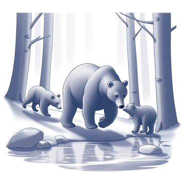 A mother bear is walking alongside her two cubs near a forest stream. The mother bear is large and protective, while the cubs are small and playful. They are curiously looking at the water, with one cub trying to splash its paw in the stream. The other cub is sniffing the air, intrigued by the surrounding scents. In the background, tall trees with thick trunks provide shade, while rocks and pebbles line the edge of the stream. Sunlight filters through the leaves, creating patterns on the forest floor.