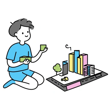 A child with short brown hair is sitting on the floor, surrounded by various colorful building blocks. The child is wearing a blue t-shirt and denim shorts, holding a green block in one hand, while looking intently at a partially constructed model of a city in front of them. The model features tall buildings, a small park, and streets with tiny cars. The child's expression shows concentration and creativity as they envision the next piece to add to the model.