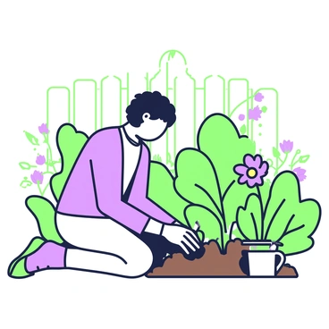 Lazarus is kneeling quietly as he tends to a garden. He is focused on a patch of rich, green soil where he is planting seeds. Surrounding him, there are various lush plants with large leaves, adding depth to the scene. Colorful flowers bloom vibrantly, with petals forming distinct shapes and arrangements. In the background, a wooden fence is partially visible, hinting at the garden's boundaries. A small watering can rests nearby, emphasizing his attentive care for the plants.