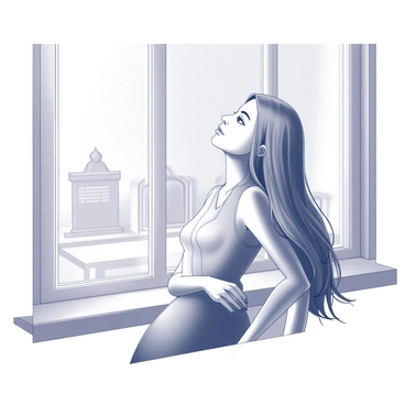 A young woman with long, flowing hair leans gracefully against a wooden windowsill. Her hair cascades out of the window, being gently tousled by the wind. She gazes contemplatively into the distance, her expression conveying a sense of daydreaming. The room behind her is softly detailed, featuring a simple interior with a few decorative elements, and the scene captures a moment of serene solitude. The light appears to illuminate her figure, enhancing the ambiance of the moment.