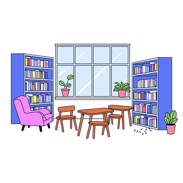 A library interior with tall bookshelves filled with neatly organized books. There are wooden tables placed in the center of the room with simple wooden chairs surrounding them. Large windows allow soft natural light to filter in, with raindrops visibly tapping on the glass panes. A few potted plants are placed on the windowsills, adding a touch of greenery to the scene. A cozy reading nook is situated in one corner, featuring a cushioned armchair and a small side table.