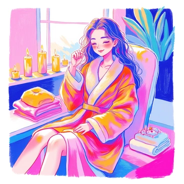 A girl with long, flowing hair is seated comfortably in a luxurious robe. The robe is plush and richly colored, draping elegantly over her shoulders. She is in a serene spa environment, surrounded by flickering candles that cast a warm glow. Soft, fluffy towels are neatly arranged around her, enhancing the feeling of relaxation. In the background, there are subtle hints of greenery, adding to the tranquil atmosphere.