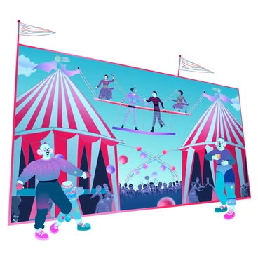 A large mural depicting a vintage circus scene filled with lively characters and vibrant elements. In the foreground, there are two clowns with oversized shoes and colorful costumes, one juggling brightly painted balls while the other laughs joyfully. In the center, a group of acrobats are performing a stunning trapeze act high above the ground, their costumes adorned with glitter and sequins, displaying a variety of dynamic poses. Surrounding them are colorful tents, featuring red and white stripes, with flags waving at the top, creating a festive atmosphere. The background includes a cheering crowd of spectators, all captivated by the performances, with balloons and streamers adding to the celebratory scene.