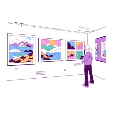 A white gallery wall displays multiple A3 illustration boards, each featuring distinct artworks. The boards are arranged in an appealing grid layout, showcasing an array of styles and subjects. Some illustrations depict vibrant landscapes, while others feature abstract patterns and detailed characters. The surrounding area has soft lighting that highlights each board, creating a focal point for visitors. A small white information plaque is positioned next to each artwork, providing titles and artist names.